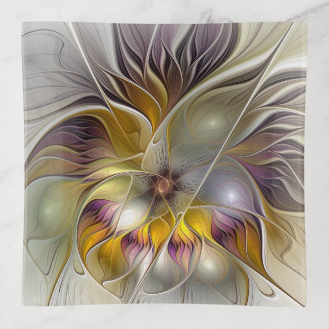 Abstract Colorful Fantasy Flower Modern Fractal Trinket Tray (Front)