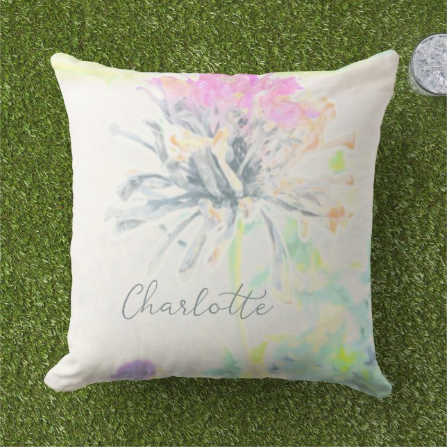 Abstract Colorful Floral Custom Name  Outdoor Pillow (Grass)