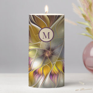 Abstract Colorful Flower Modern Fractal Monogram Pillar Candle