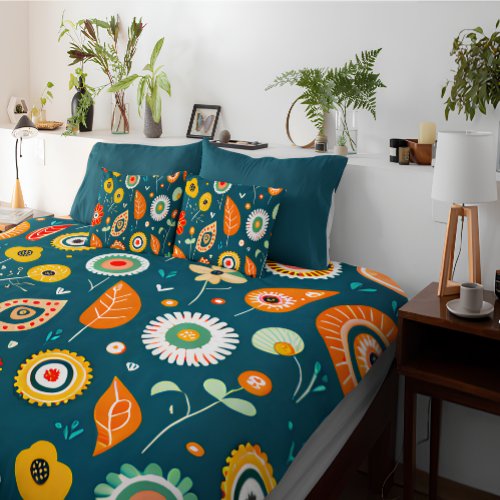 Abstract Colorful Flowers and Leaves Pattern  Duvet Cover