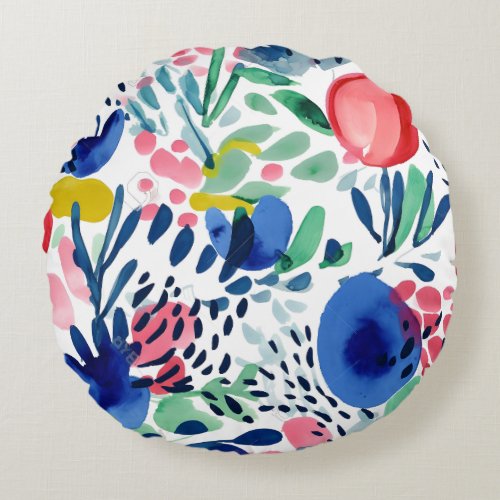  Abstract Colorful Flowers and Leaves Round Pillow