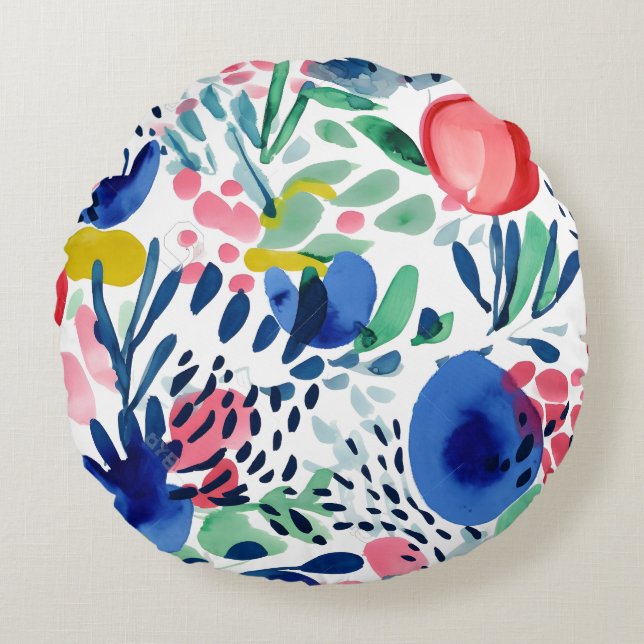  Abstract Colorful Flowers and Leaves Round Pillow (Front)