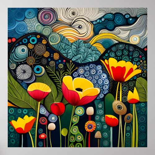 Abstract Colorful Flowers And Stars High Quality Poster