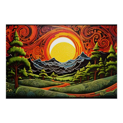 Abstract Colorful Forest Tree Sunset Landscape Poster