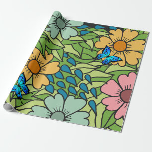 Abstract Colorful Garden Flowers and Butterflies  Wrapping Paper