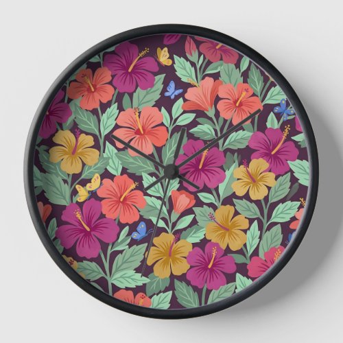 Abstract Colorful Gouache Hibiscus Art Clocks