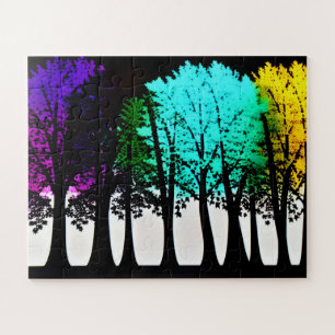 Abstract Colorful Leaves on Black Silhouette Trees Jigsaw Puzzle