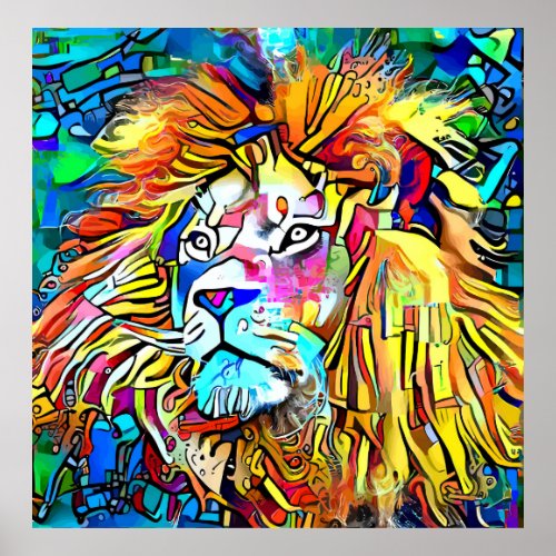 Abstract Colorful Lion Portrait Painting Poster