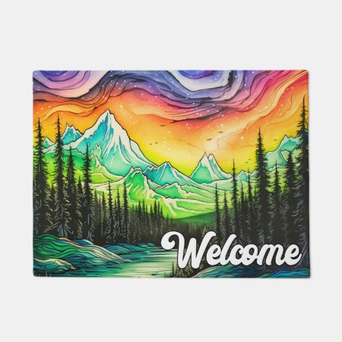 Abstract Colorful Northern Lights Illustration Doormat