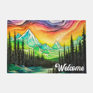 Abstract Colorful Northern Lights Illustration Doormat