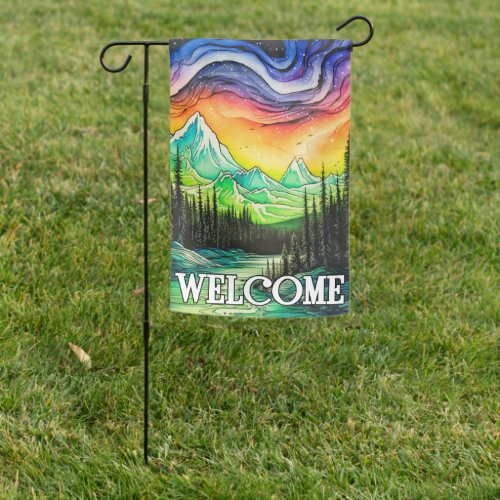 Abstract Colorful Northern Lights Illustration Garden Flag