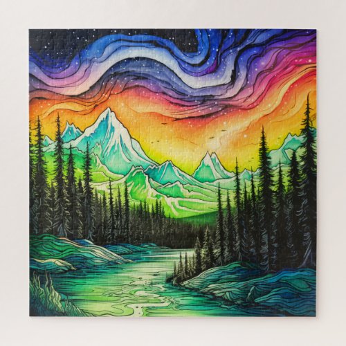 Abstract Colorful Northern Lights Illustration Jigsaw Puzzle