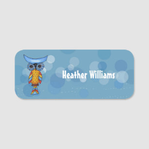 Abstract Colorful Owl Blue Eyes on Circles Dashes Name Tag