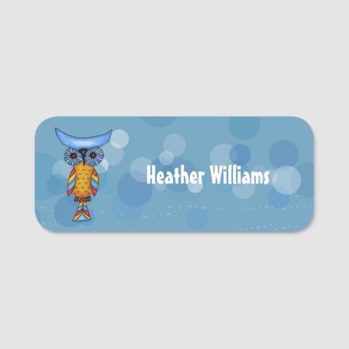 Abstract Colorful Owl Blue Eyes on Circles Dashes Name Tag