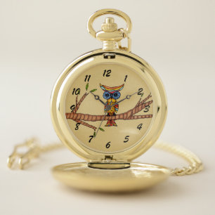 Abstract Colorful Owl on Tree Branch Green Leaves Pocket Watch