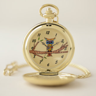 Abstract Colorful Owl on Tree Branch Green Leaves Pocket Watch