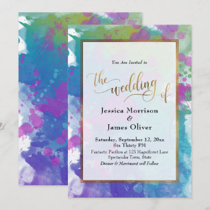Abstract Colorful Paint Splatters Gold Wedding Invitation