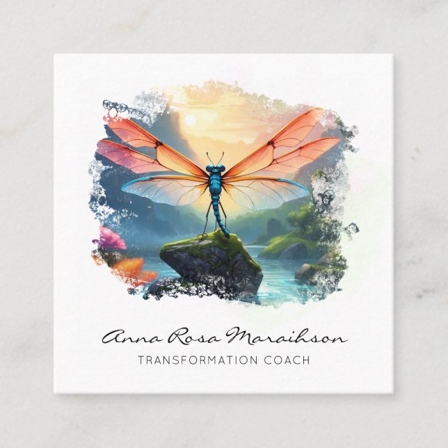 *~* Abstract Colorful painting  Lotus Dragonfly   Square Business Card (Front)