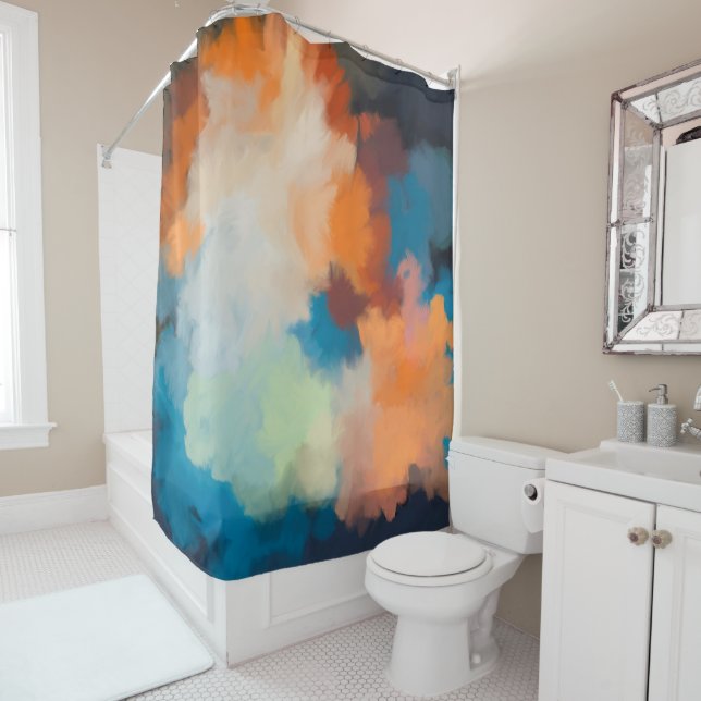Abstract, colorful, painting, terracotta, blue shower curtain (In Situ)