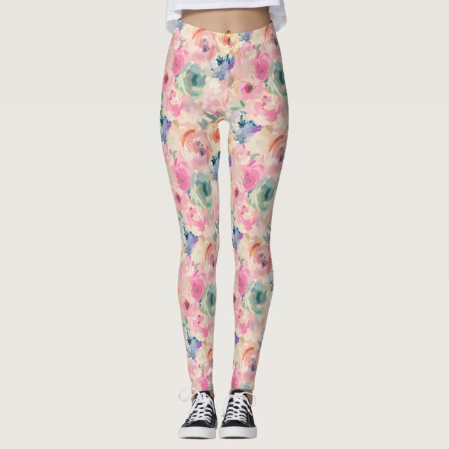 Abstract Colorful Pastel Flowers Floral Pattern Leggings (Front)