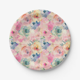 Abstract Colorful Pastel Flowers Floral Pattern Paper Plates