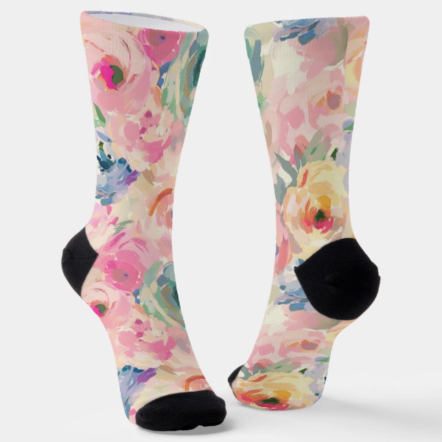Abstract Colorful Pastel Flowers Floral Pattern Socks (Angled)