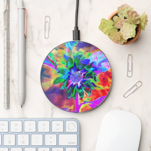  Abstract colorful  psychedelic chakra sunflower   Wireless Charger