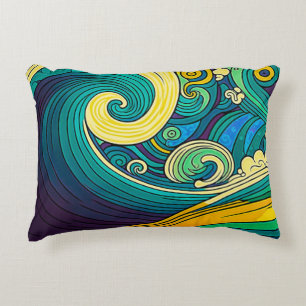 Abstract Colorful Retro 70s Hippie Waves Artwork   Accent Pillow