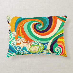 Abstract Colorful Retro 70s Hippie Waves Artwork   Accent Pillow