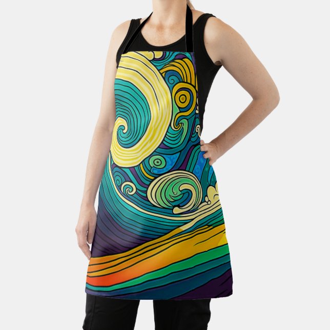 Abstract Colorful Retro 70s Hippie Waves Artwork | Apron (Insitu)