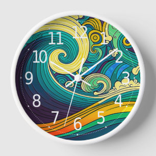 Abstract Colorful Retro 70s Hippie Waves Artwork Clock