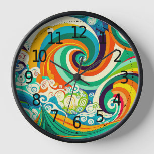 Abstract Colorful Retro 70s Hippie Waves Artwork Clock