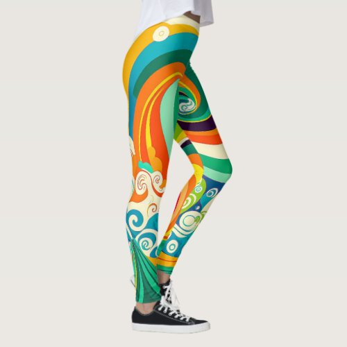 Abstract Colorful Retro 70s Hippie Waves Artwork  Leggings