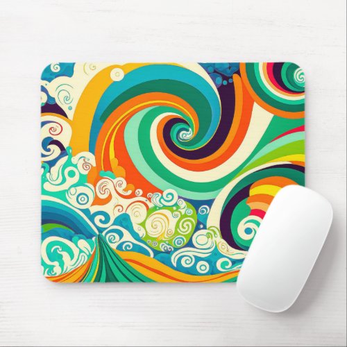 Abstract Colorful Retro 70s Hippie Waves Artwork  Mouse Pad