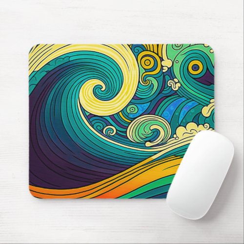 Abstract Colorful Retro 70s Hippie Waves Artwork  Mouse Pad