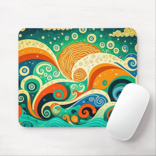 Abstract Colorful Retro 70s Hippie Waves Artwork  Mouse Pad