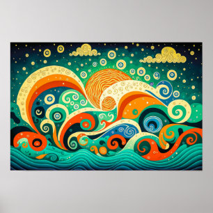 Abstract Colorful Retro 70s Hippie Waves Artwork   Poster