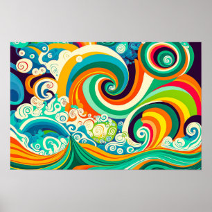 Abstract Colorful Retro 70s Hippie Waves Artwork Poster