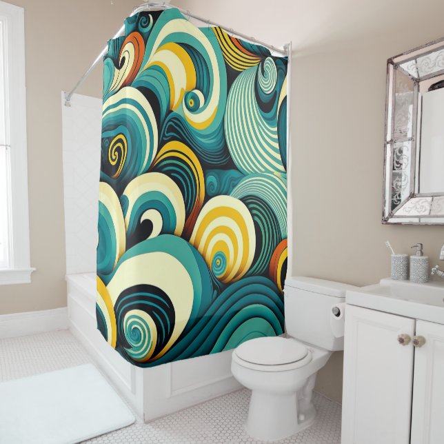 Abstract Colorful Retro 70s Hippie Waves Artwork | Shower Curtain (In Situ)