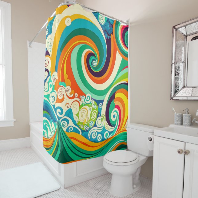 Abstract Colorful Retro 70s Hippie Waves Artwork | Shower Curtain (In Situ)