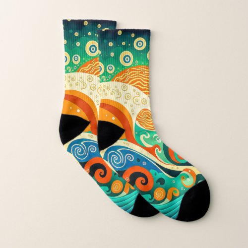 Abstract Colorful Retro 70s Hippie Waves Artwork  Socks