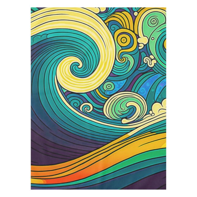 Abstract Colorful Retro 70s Hippie Waves Artwork | Tablecloth (Front)