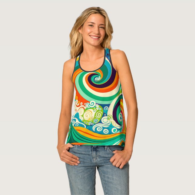Abstract Colorful Retro 70s Hippie Waves Artwork | Tank Top (Front Full)