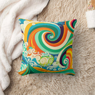 Abstract Colorful Retro 70s Hippie Waves Artwork   Throw Pillow