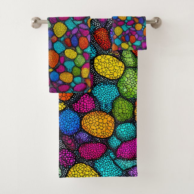 Abstract colorful rocks bath towel set (Insitu)