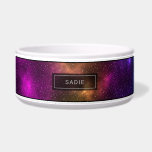 Abstract Colorful Space Cosmos With Custom Name Bowl<br><div class="desc">Abstract and colorful space cosmos / outer space nebula background with white dots as stars. The top and bottom have a thin black border. The design features colors such as blue,  pink,  green and orange.There is also a personalizable text area for the name of the pet.</div>