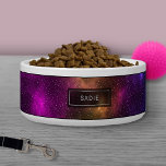 Abstract Colorful Space Cosmos With Custom Name Bowl<br><div class="desc">Abstract and colorful space cosmos / outer space nebula background with white dots as stars. The top and bottom have a thin black border. The design features colors such as blue,  pink,  green and orange.There is also a personalizable text area for the name of the pet.</div>