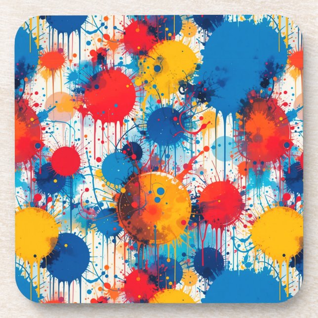 Abstract Colorful Splatter Art Beverage Coaster (Front)