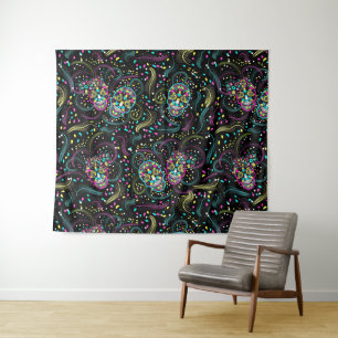 Abstract Colorful Spooky Skulls Halloween Tapestry