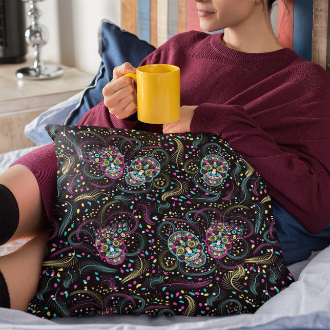 Abstract Colorful Spooky Skulls Halloween Throw Pillow (Creator Uploaded)